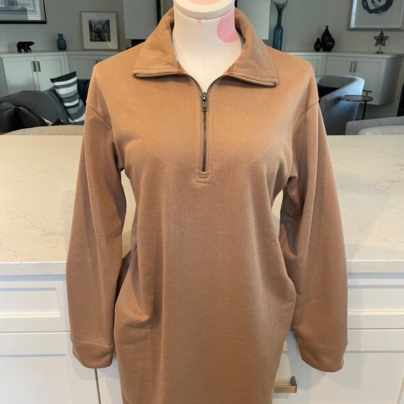 Wishlist 1/4 Zip LS Collared Drop Shoulders Sweatshirt Midi Dress Tan Sz S NWOT - Picture 2 of 12